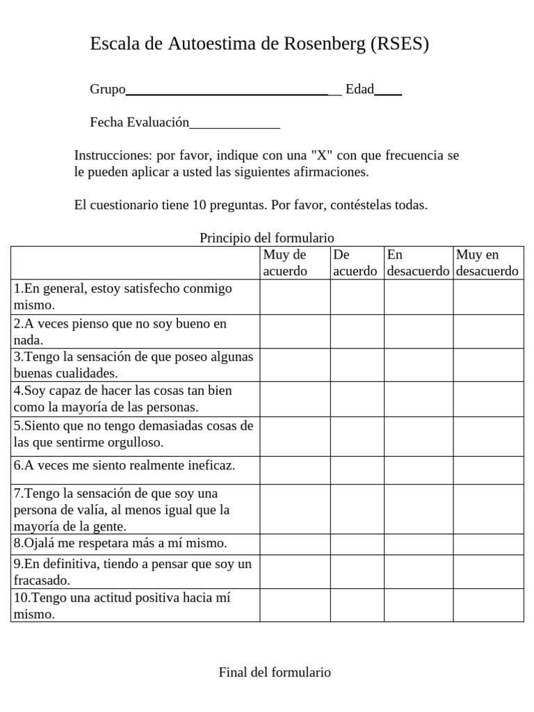 Escala de Autoestima Rosenberg | PDF
