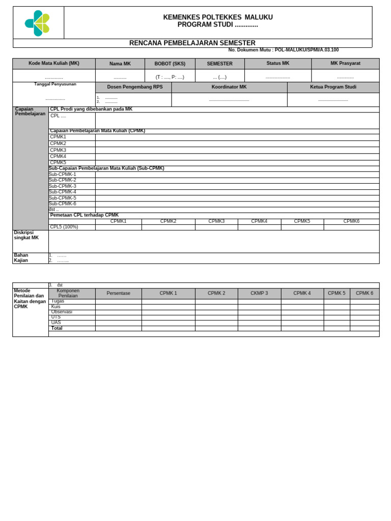 A.03.100 Template RSP - Kurikulum SUP - PolKesMaku. Revisi | PDF