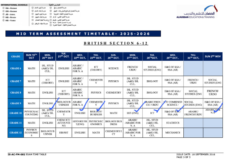 Grades 6-12 British Exam Timetable Mid-Semester | PDF