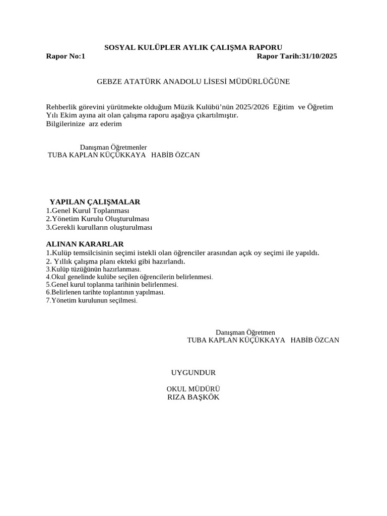 Müzi̇k Kulübü Aylik Raporlari | PDF