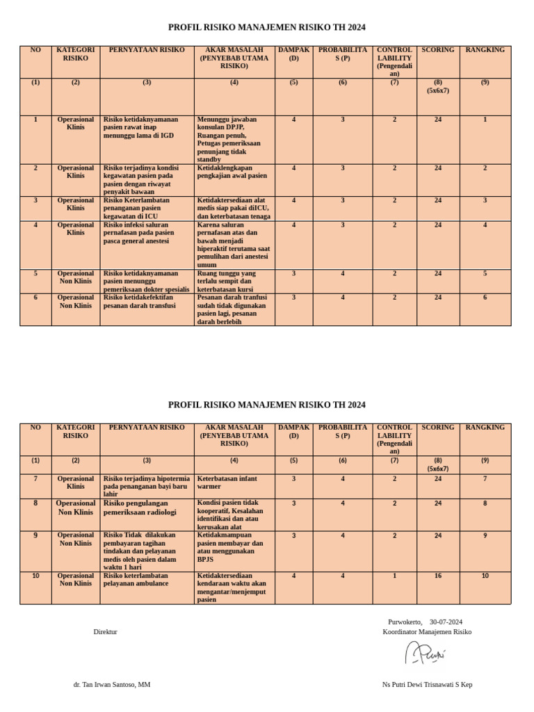 Tabel Profil Risiko 10 Besar New 2024 | PDF