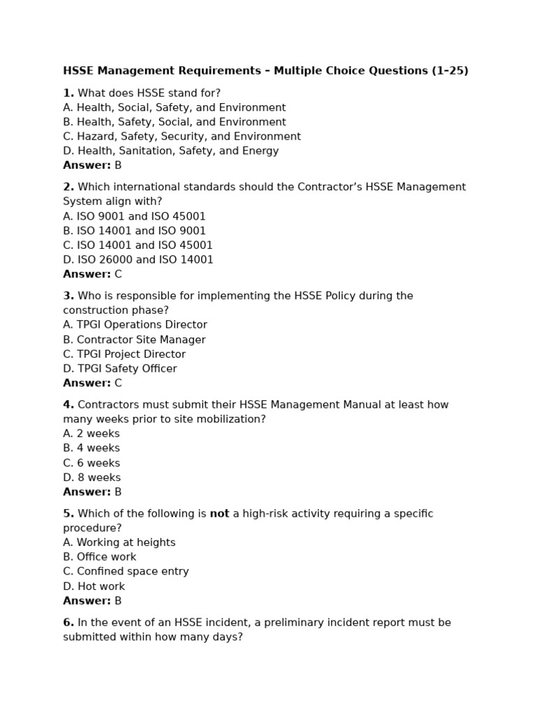 HSSE Management For Contractors 100 Item Multiple Choice Exam | PDF ...