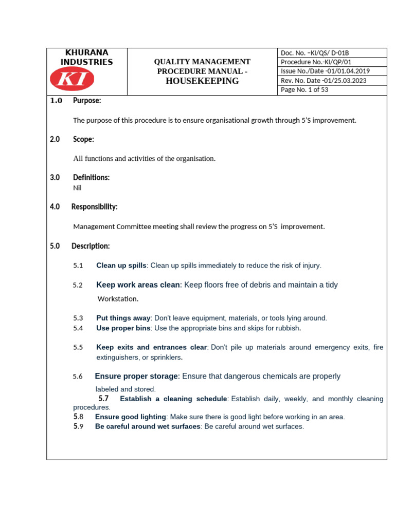 Housekeeping Procedure | PDF