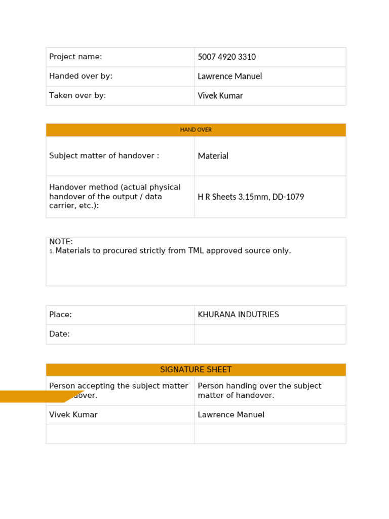 Handover Report Material | PDF