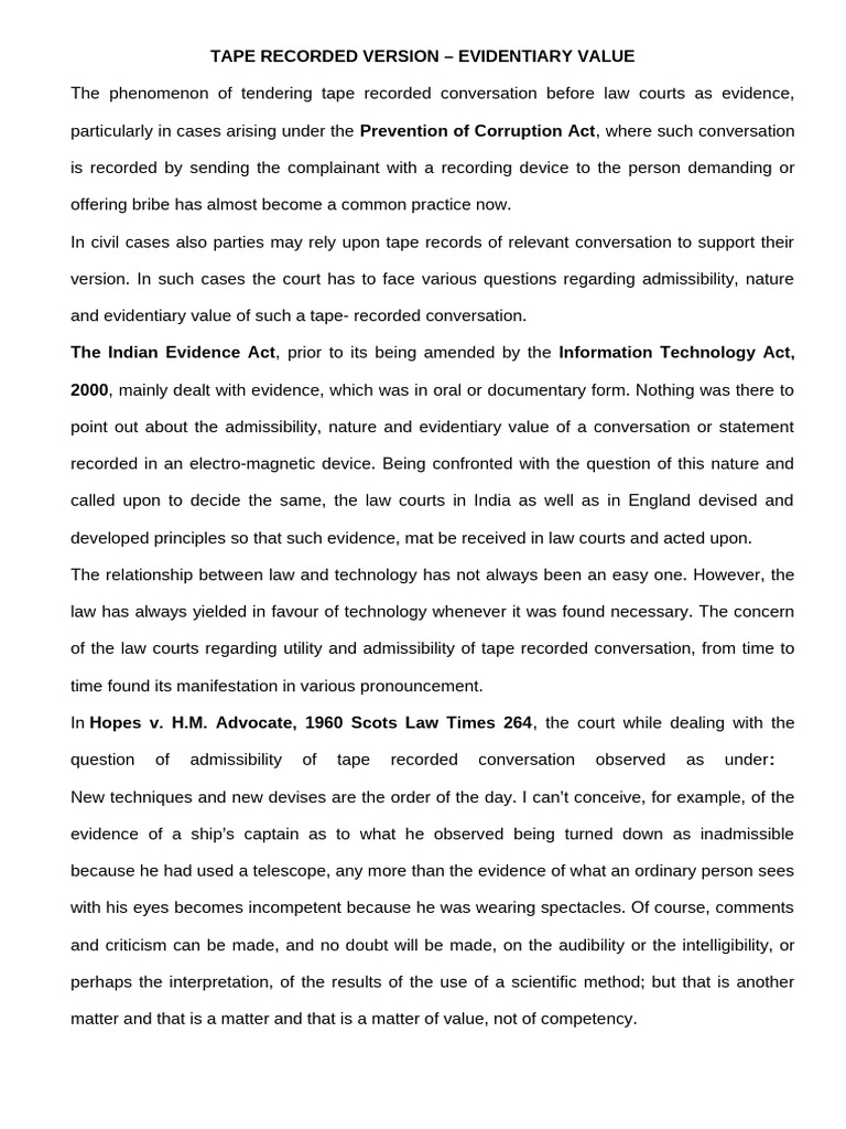 Tape Recorded Version - Evidentiary Value | PDF | Evidence (Law) | Evidence