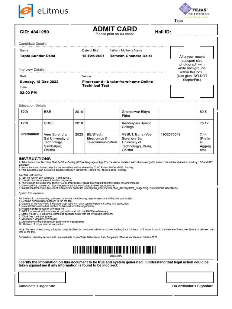 Elitmus Tejas Admit Card 18dec2022 | PDF | Computer Science | Software