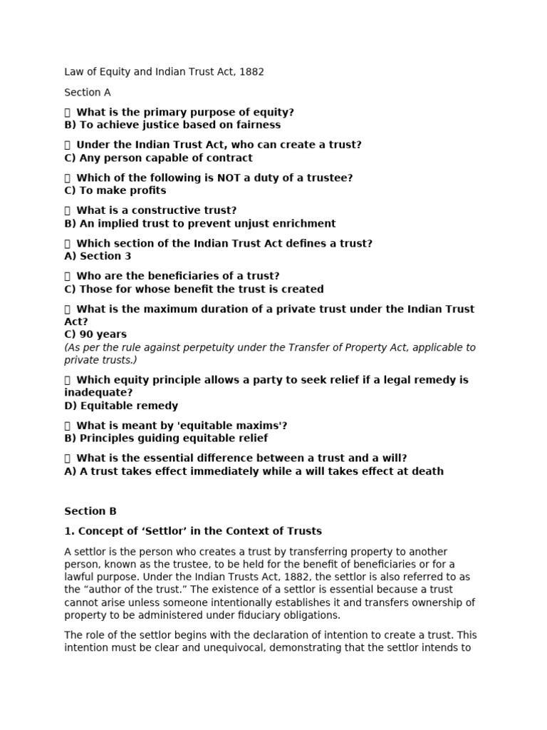 Law of Equity and Indian Trust Act | PDF | Equity (Law) | English Trust Law
