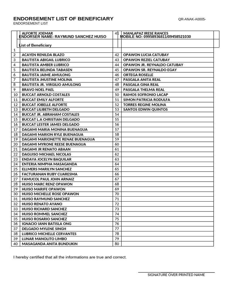 Beneficiary Endorsement Summary List | PDF