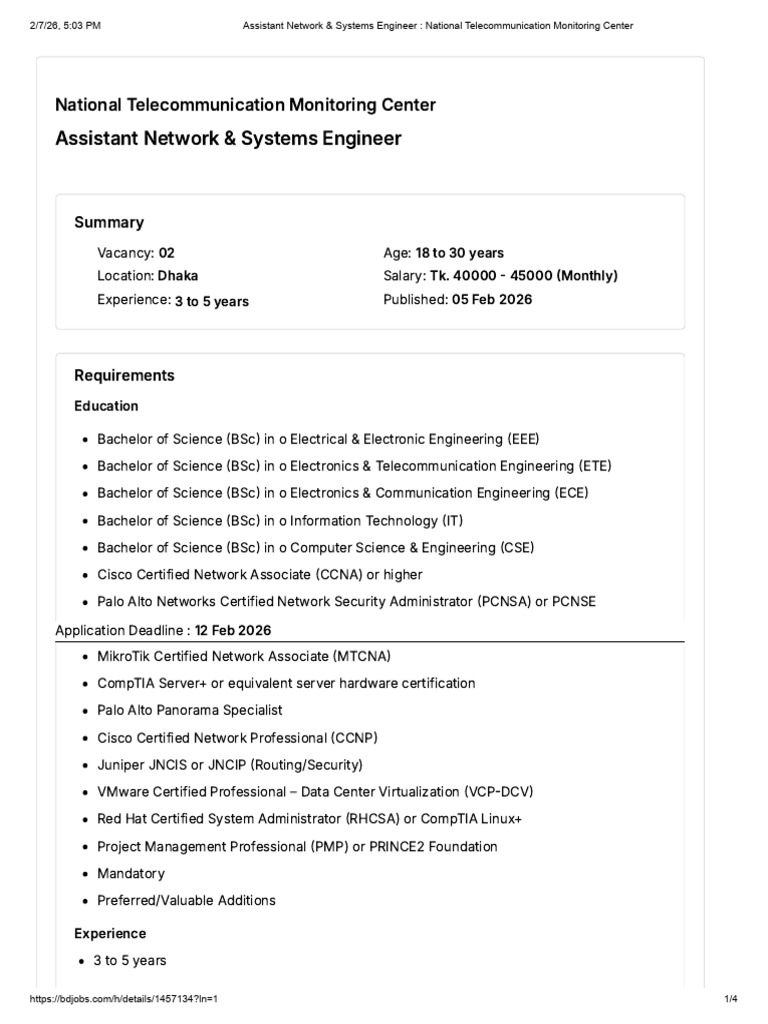 Assistant Network & Systems Engineer - National Telecommunication ...