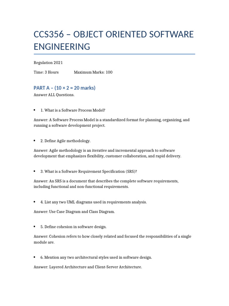 CCS356 Object Oriented Software Engineering Answers PartA | PDF