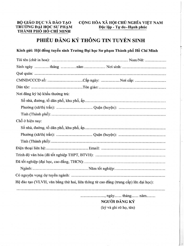 Phieu Thong Tin Tuyen Sinh | PDF