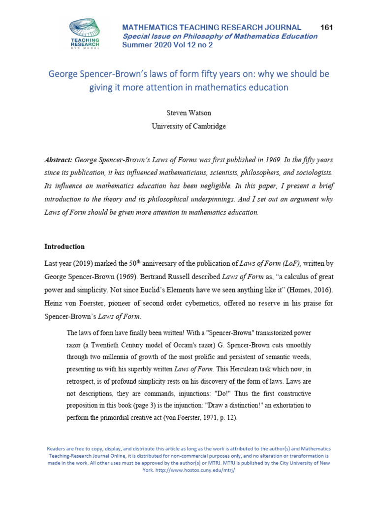 v12n2 George Spencer Brown S Laws of Form Fifty Years On | PDF ...
