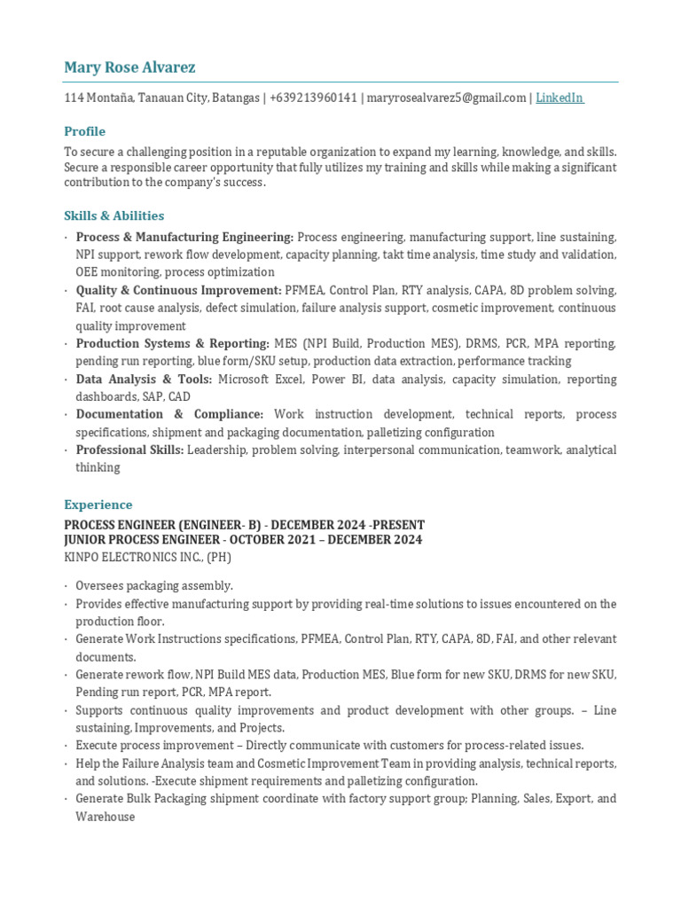 Alvarez, Mary Rose - Resume v2 | PDF | Six Sigma