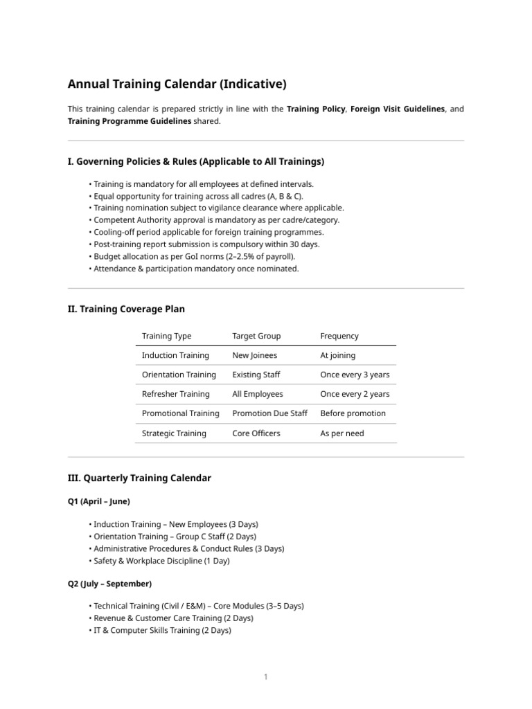 Structured Training Calendar (As Per Training Policy & Guidelines ...