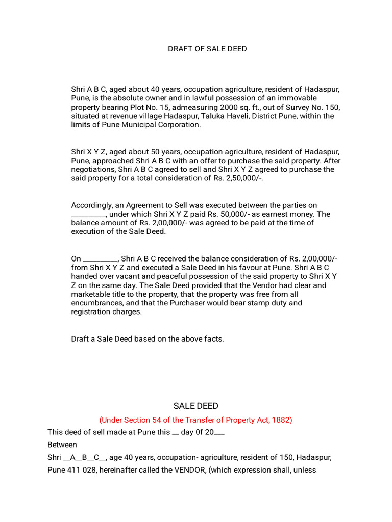 Draft of Sale Deed | PDF | Deed | Property