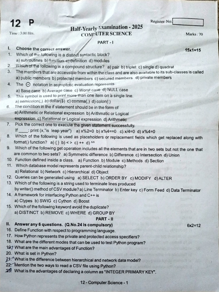 12th Computer Science EM - Half Yearly Exam 2025 - Question Paper ...