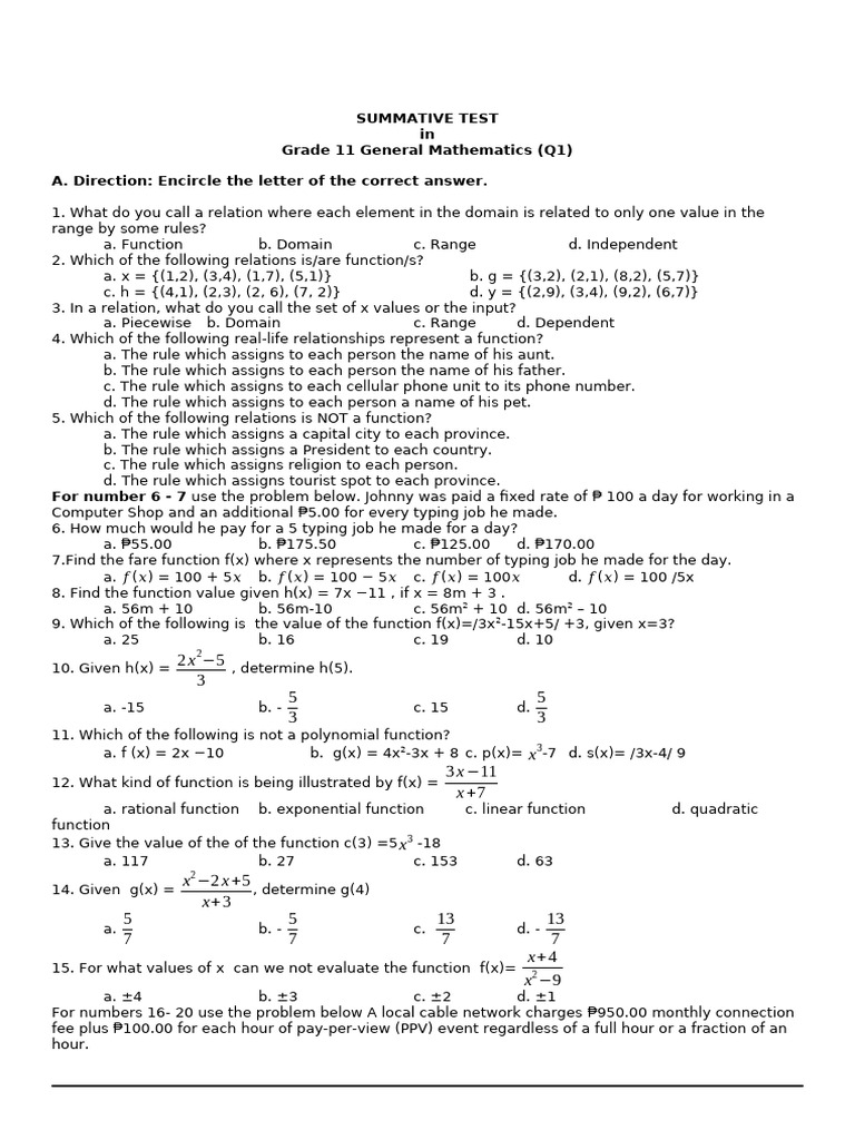 Gen Math Summative Test | PDF | Rational Number | Function (Mathematics)