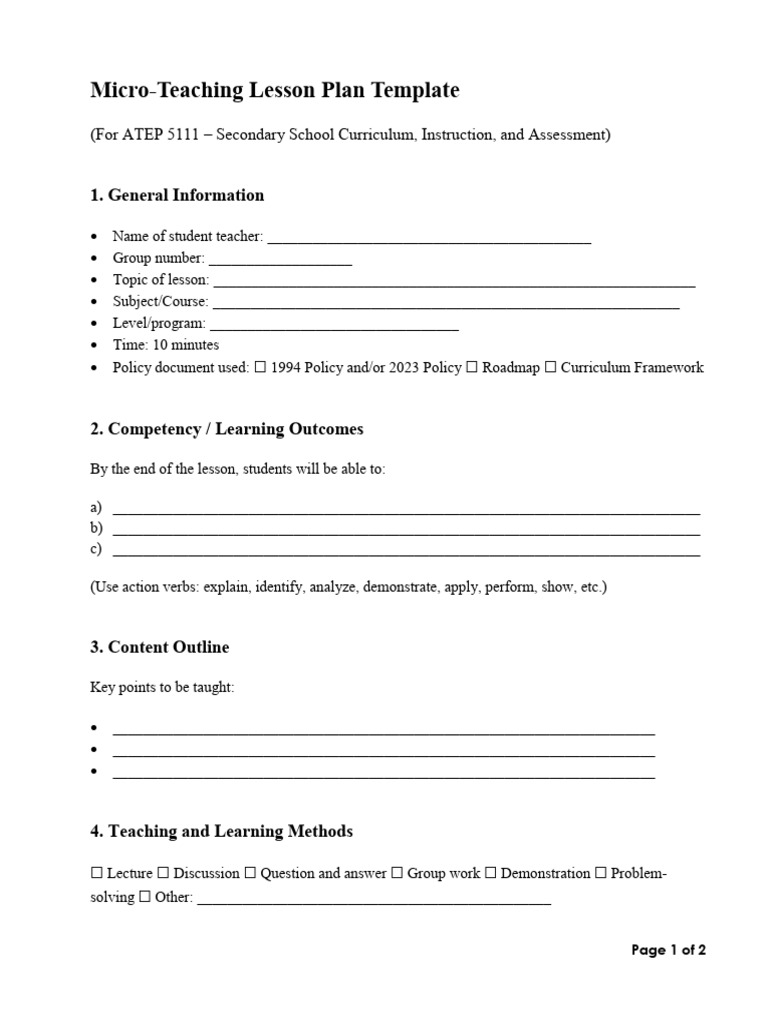 Micro-Teaching Lesson Plan Template | PDF | Lesson Plan | Curriculum