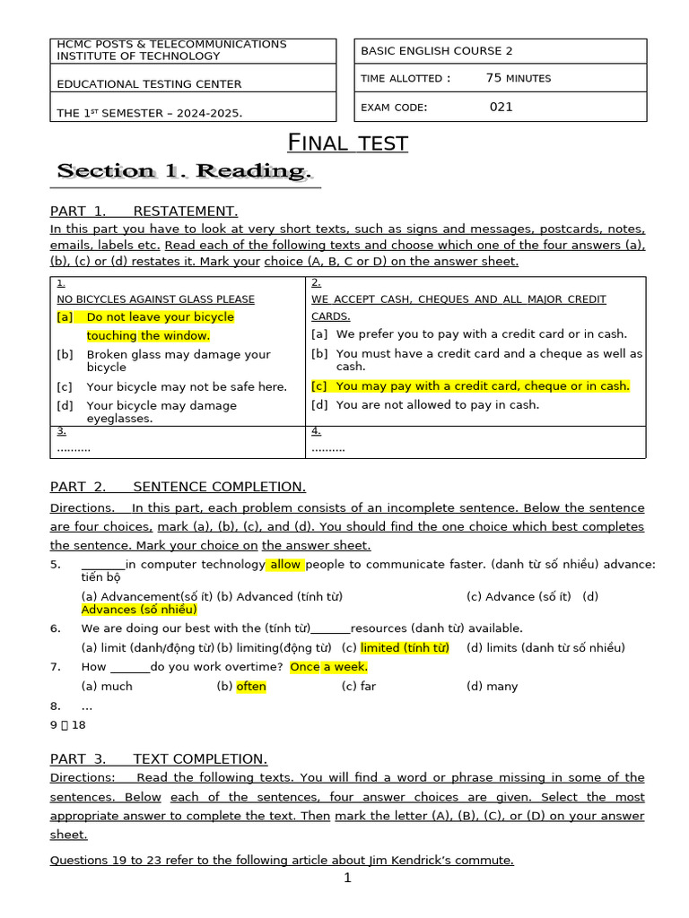 Sample Test Course 1&2 2024 | PDF | Linguistics | Human Communication