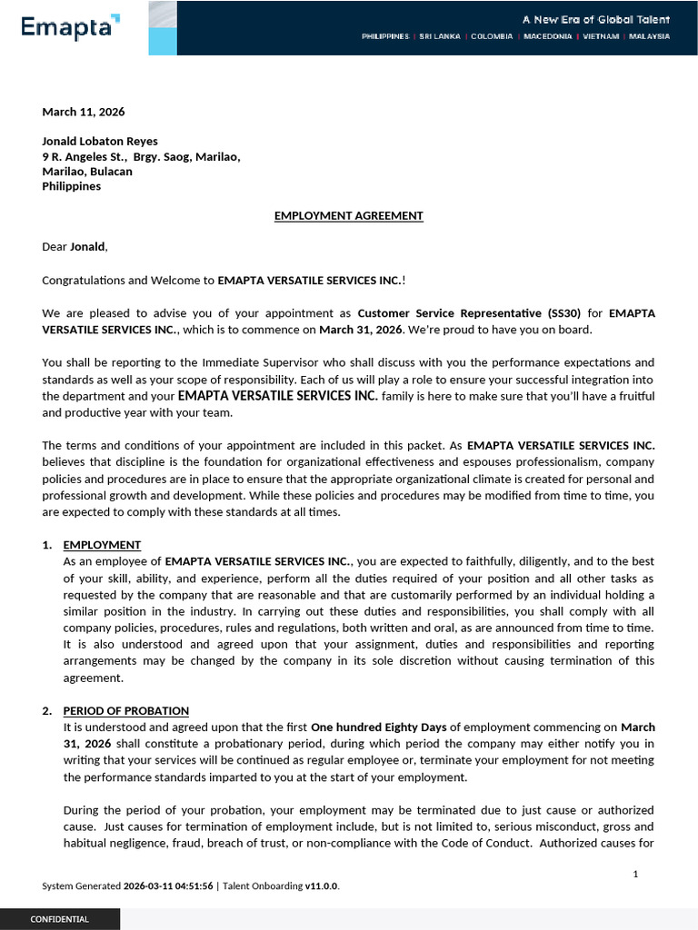 Employment Contract - ICash - Jonald Reyes 31Mar26 - V01 | PDF | Cost ...