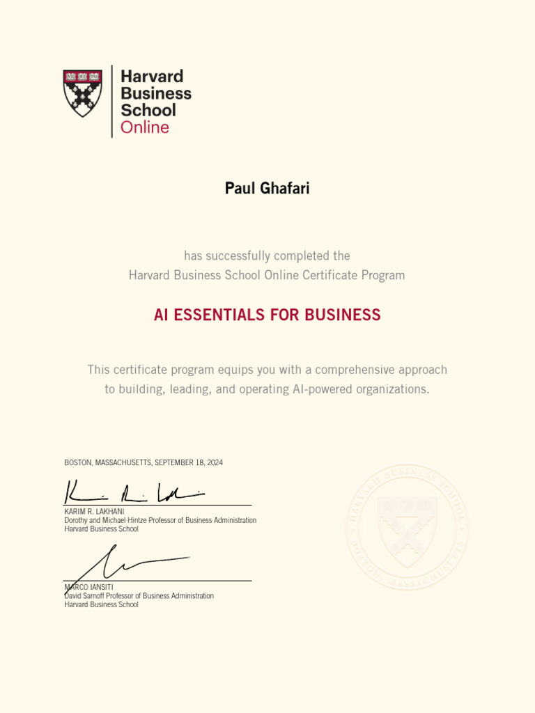 AI Essentials for Business Certificate From HBS | PDF