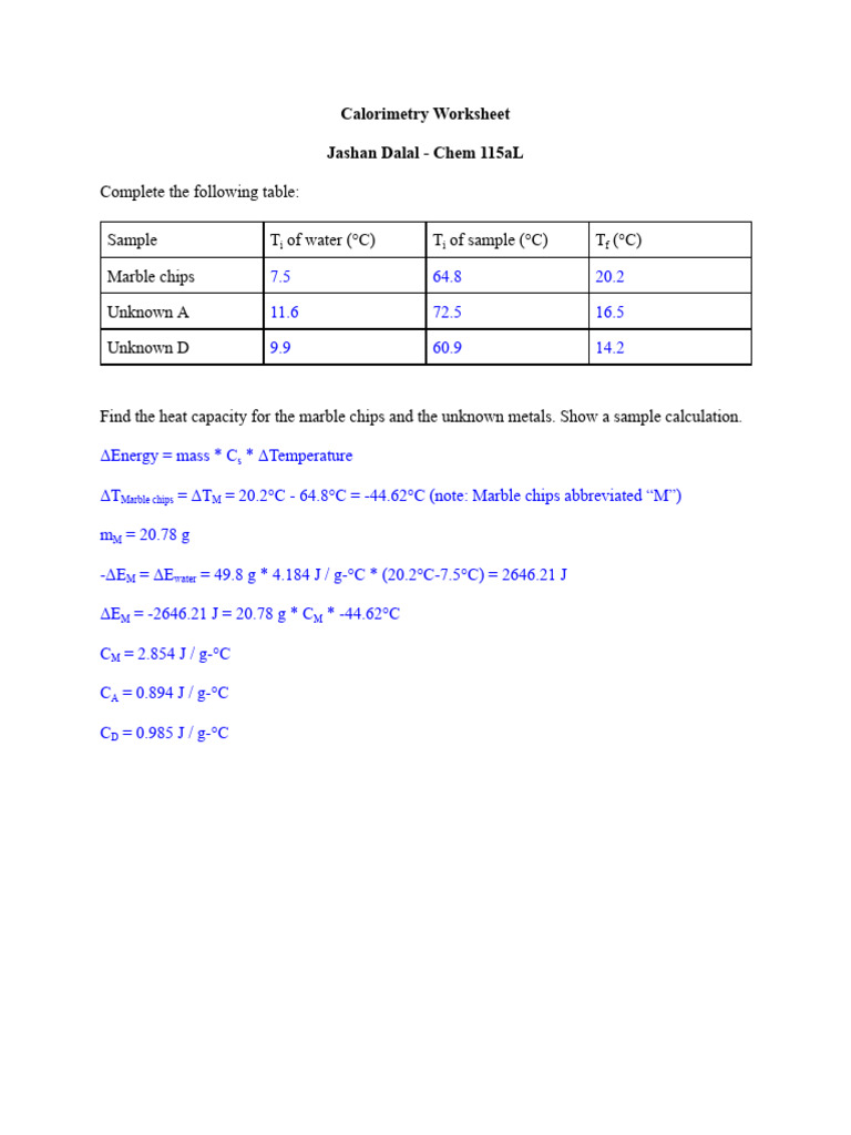 Calorimetry Worksheet | PDF | Temperature | Heat