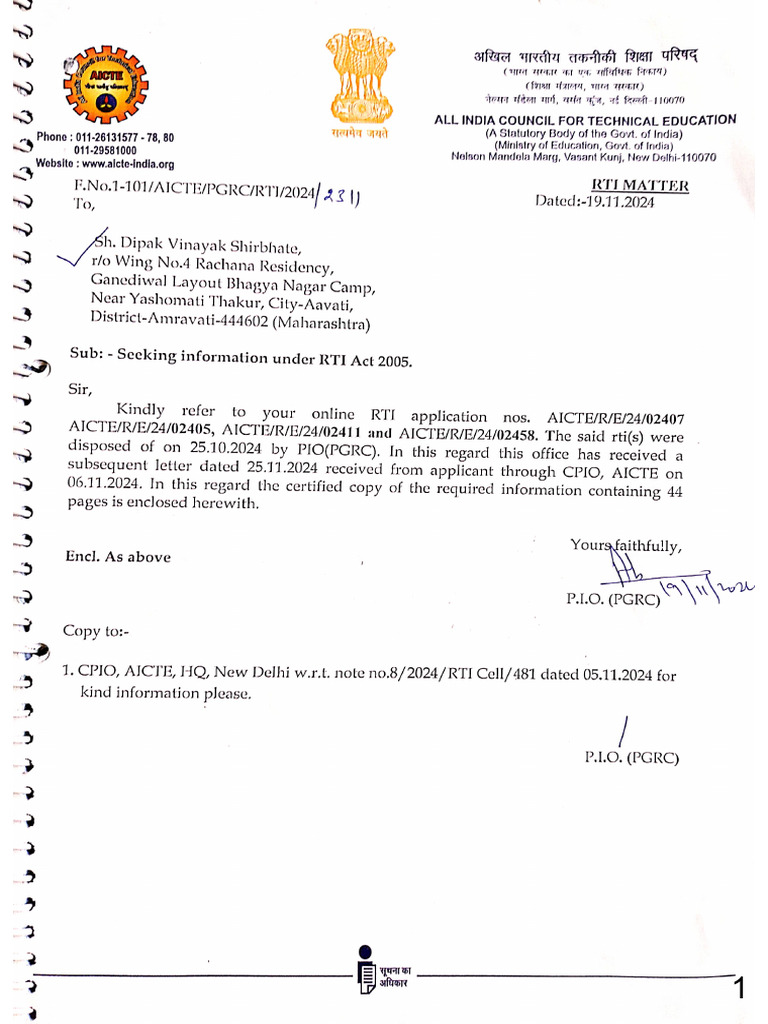 Rti Information Recived From Aicte in November 2024 - Pagenumber | PDF