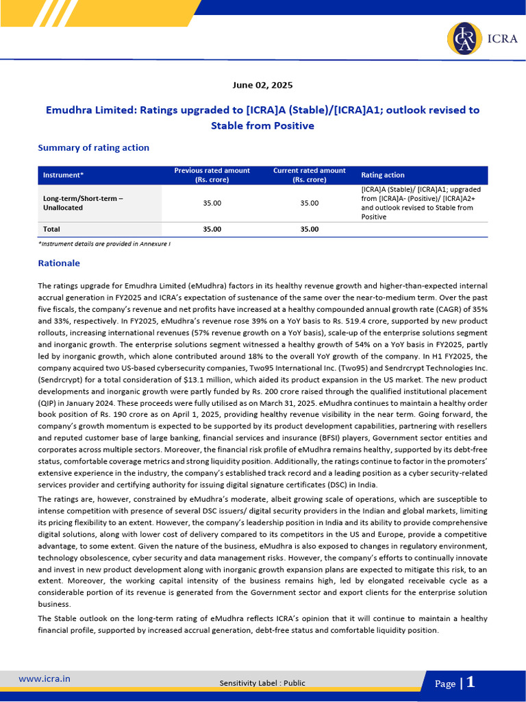 Emudhra - ICRA Ratings - June 2025 | PDF | Data Center | Revenue