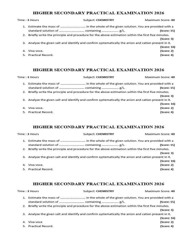 Chemistry Practical Examination 2026 QN Paper | PDF | Salt (Chemistry ...