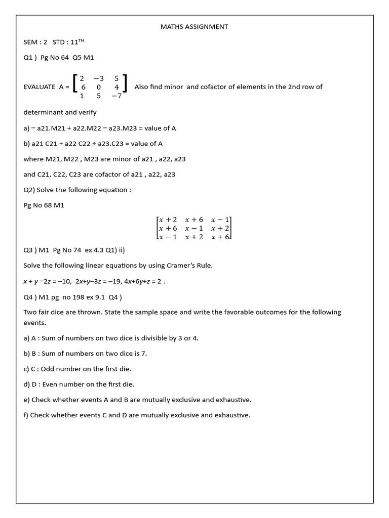 Maths Assignment Sem2 11th | PDF | Matrix Theory | Linear Algebra