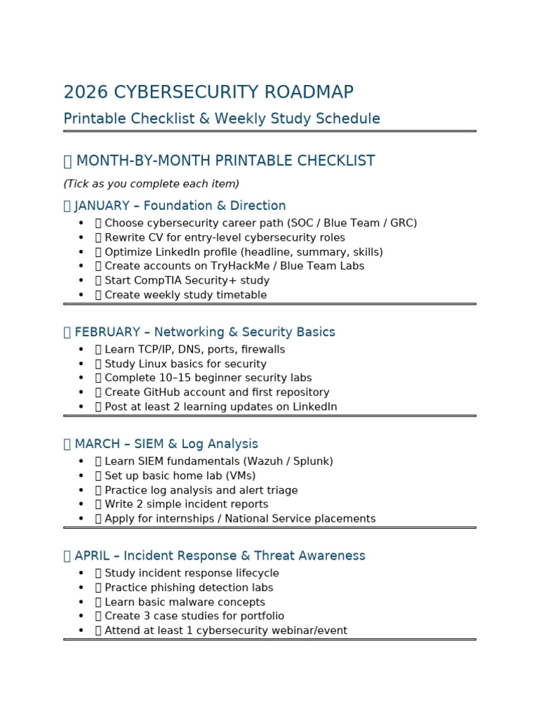 2026 Cybersecurity Roadmap - Printable Checklist & Weekly Study ...