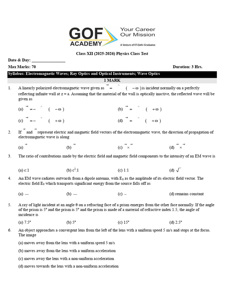 XII Physics (2025-2026) Class Test CH - 8+9+10 | PDF | Diffraction ...