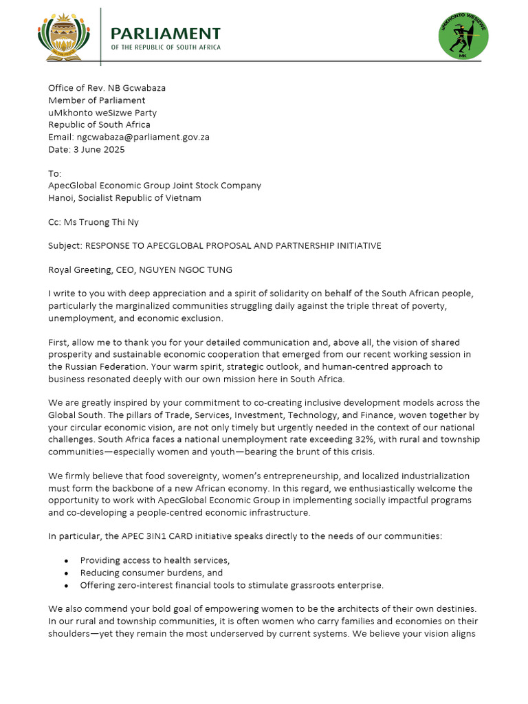 ApecGlobal Letter From RSA Rev NB Gcwabaza | PDF | South Africa | Economies