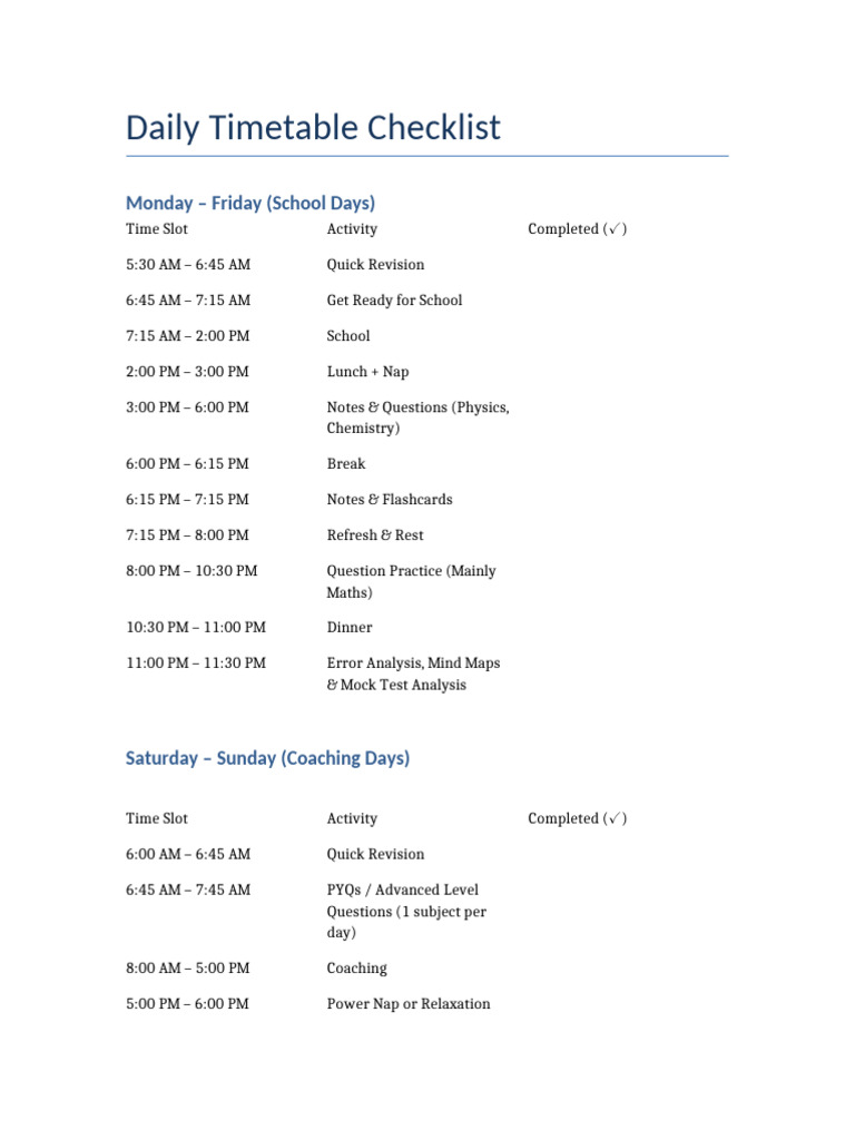 Daily Timetable Checklist | PDF
