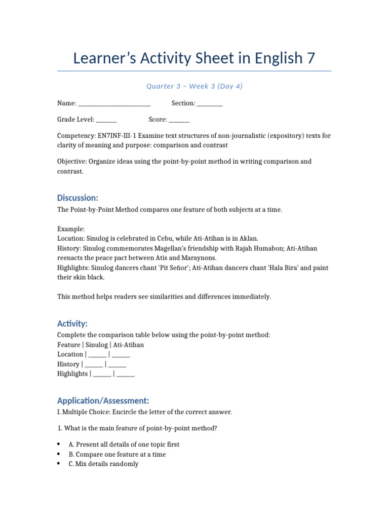 LAS 4 Point-By-Point Method of Writing Comparison and Contrast | PDF