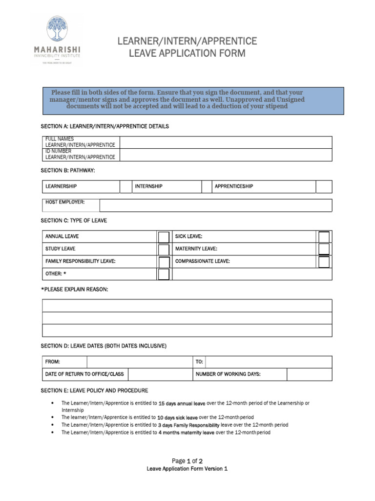 Learner Leave Application Form v3.0-KARABO MOHALE | PDF ...