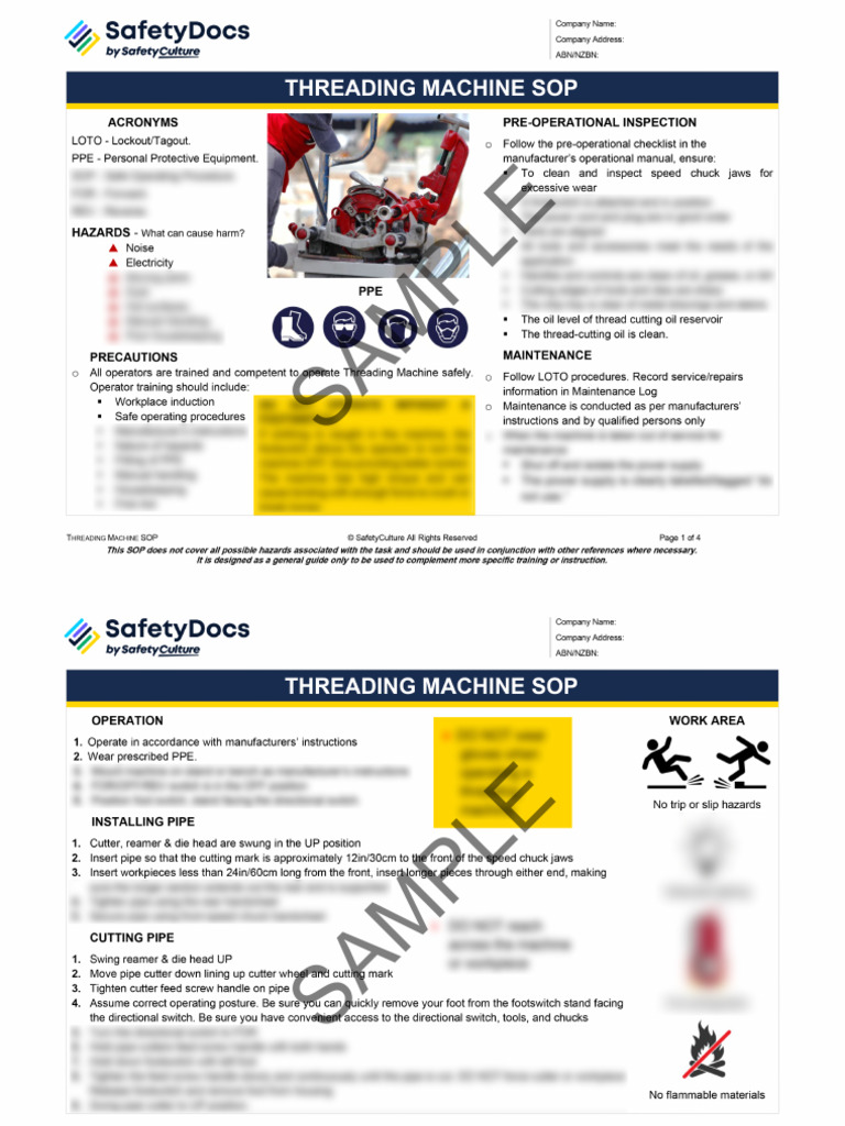60059-4 - Threading Machine Safe Operating Procedure-SAMPLE | PDF