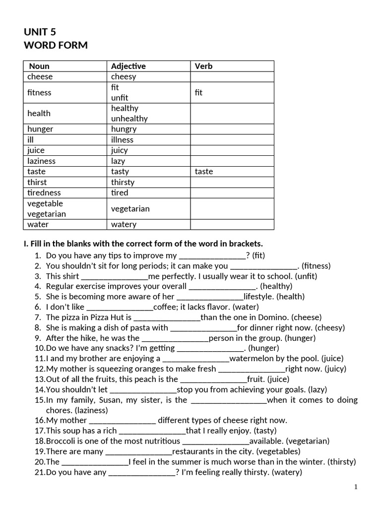 Tiếng Anh 6 Friends Plus - Word Form - Unit - 5 - Ans | PDF | Juice ...