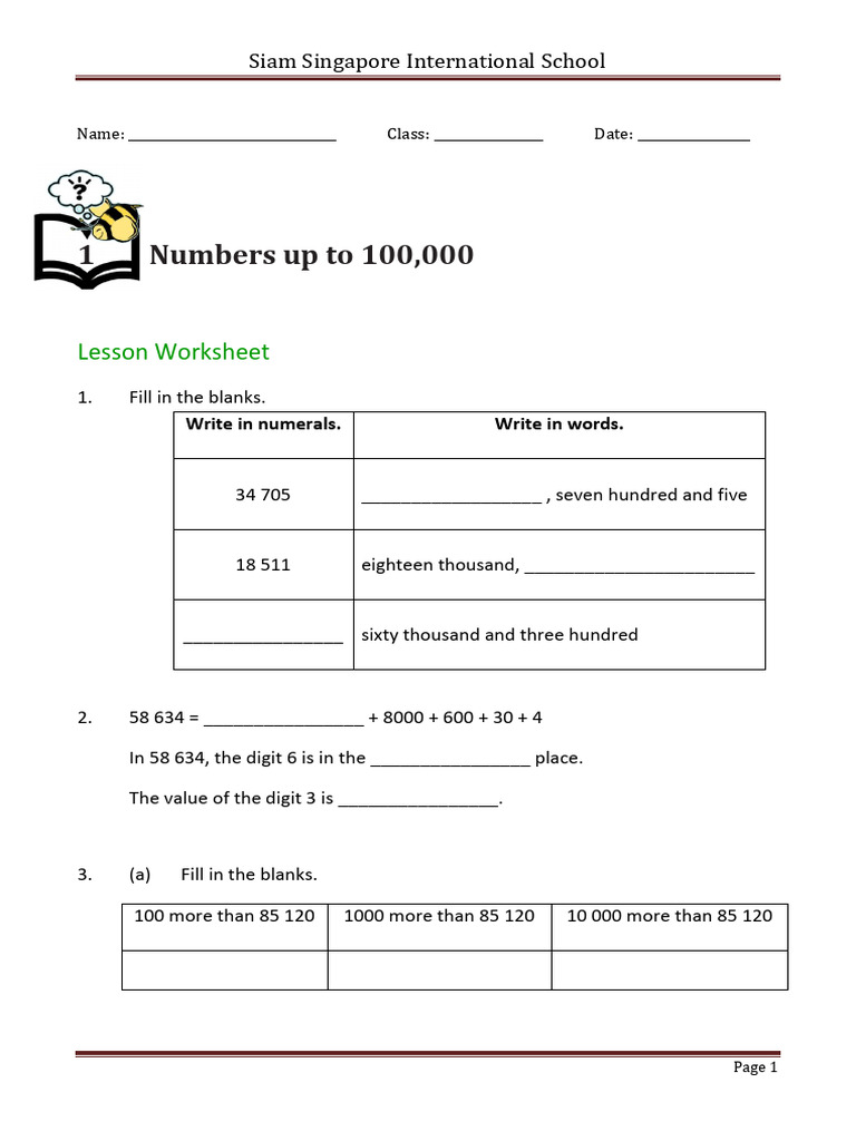 P4 Worksheet Whole Numbers | PDF