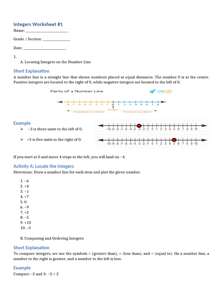 Worksheet-1 Integers | PDF