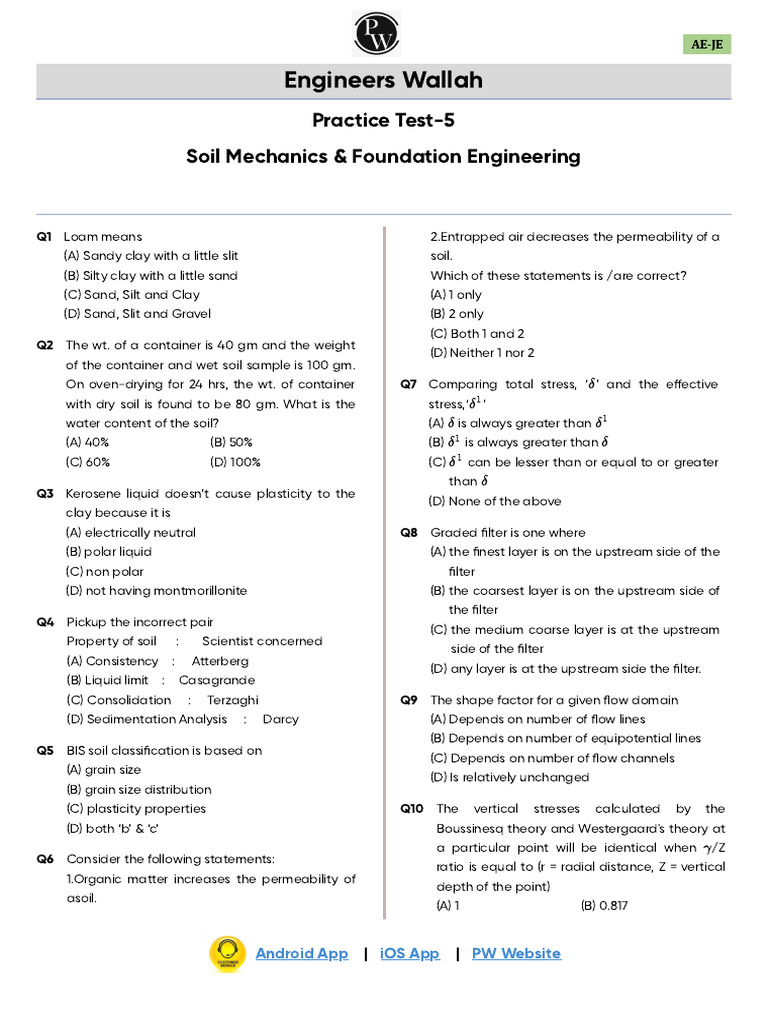 Practice Test 05 Test Paper (Soil Mechanics & Foundation Engineering ...
