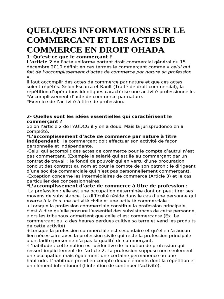 Quelques Informations Sur Le Commercant Et Les Actes de Commerce en ...