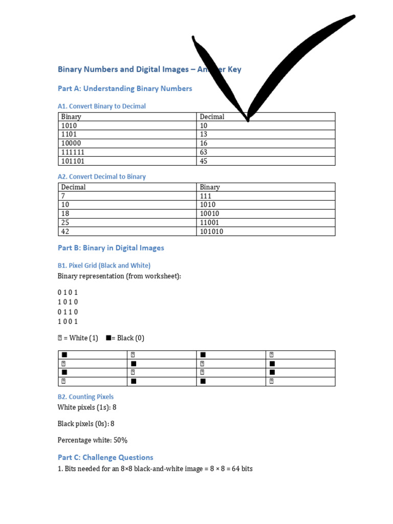 Binary Numbers and Digital Images Answer Key | PDF