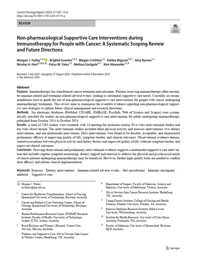 Non-Pharmacological Supportive Care Interventions During Immunotherapy ...