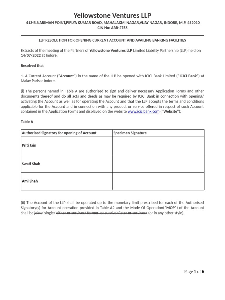 LLP Resolution - For Bank Account | PDF | Banks | Limited Liability ...