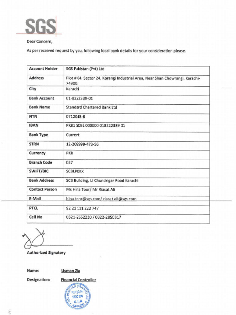 Bank Details SGS - New Address 2024 | PDF