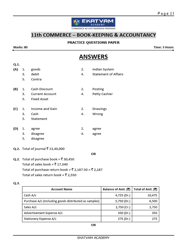11th Acc - Practice Test Paper - Ans | PDF | Depreciation | Money
