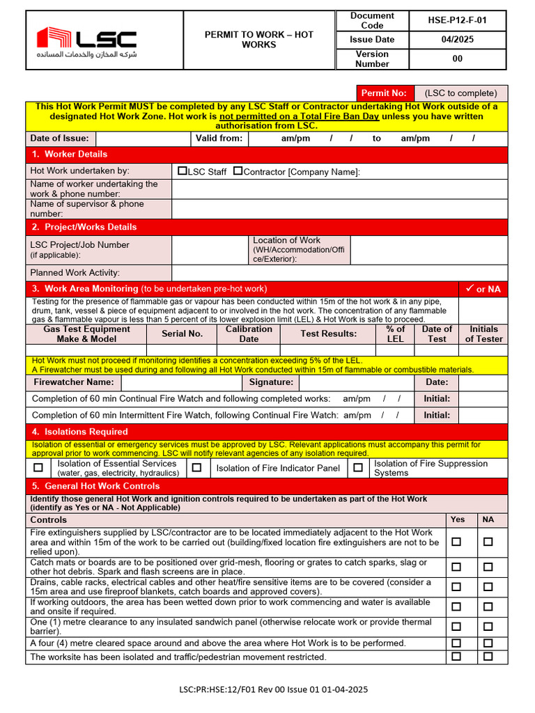 HSE012 F01 Hot Work Permit | PDF | Safety | Occupational Safety And Health