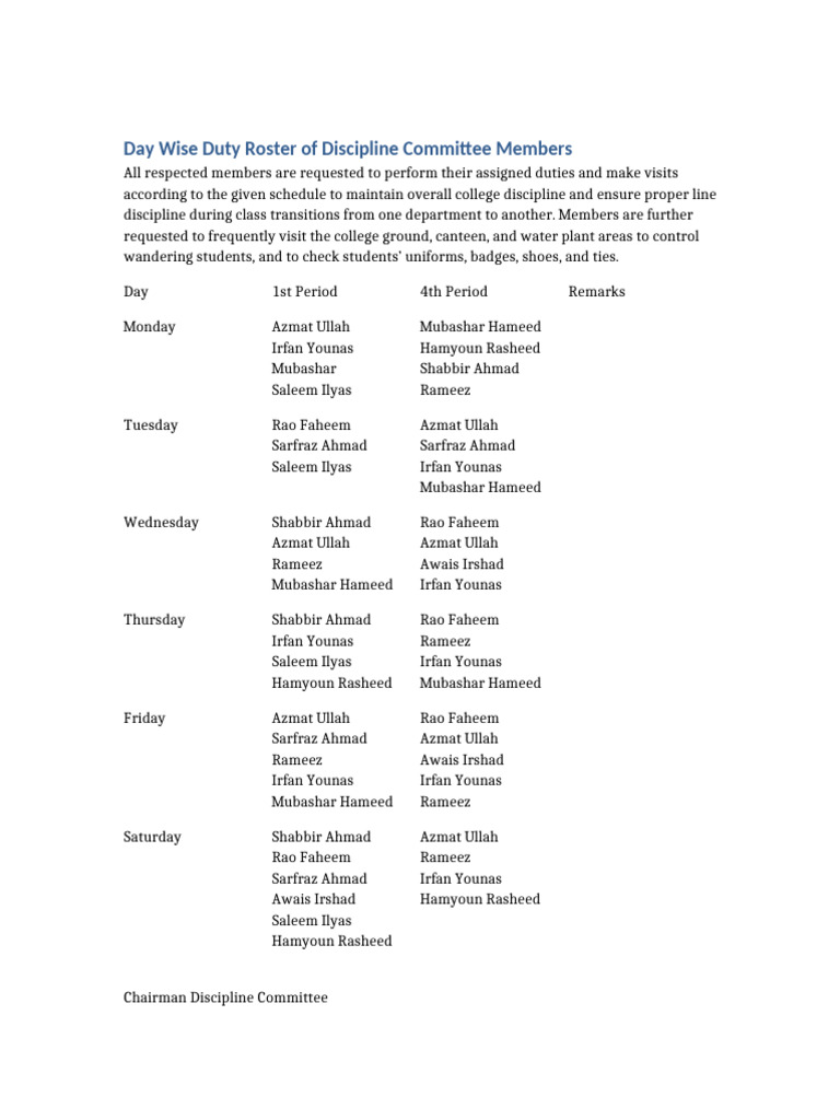Day Wise Duty Roster Discipline Committee | PDF