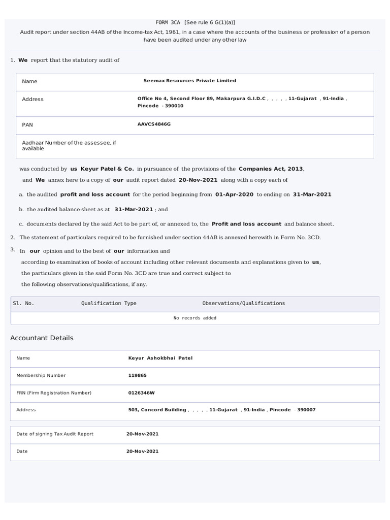 Form 3CA-3CD - Filed Form FY 2020-21 | PDF | Payments | Expense